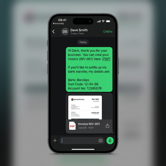 Sorted WhatsApp invoice message with bank details and PDF attached